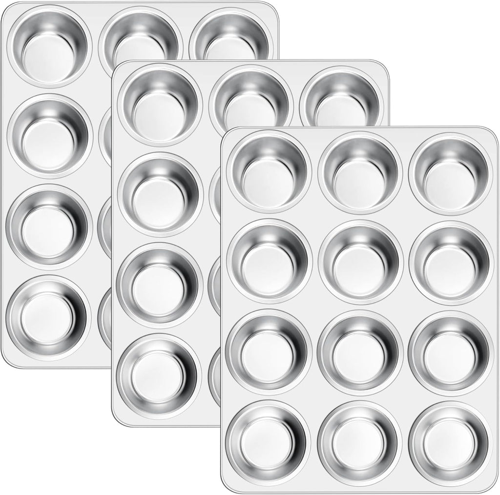 E-far 12-Cup Muffin Pan Set of 3, Stainless Steel Cupcake Pan Tins, Non-Toxic Metal Cupcake Tray for Baking Small Muffin Cakes, Heavy Duty & Regular Size, Rust Free & Dishwasher Safe