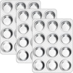 E-far 12-Cup Muffin Pan Set of 3, Stainless Steel Cupcake Pan Tins, Non-Toxic Metal Cupcake Tray for Baking Small Muffin Cakes, Heavy Duty & Regular Size, Rust Free & Dishwasher Safe