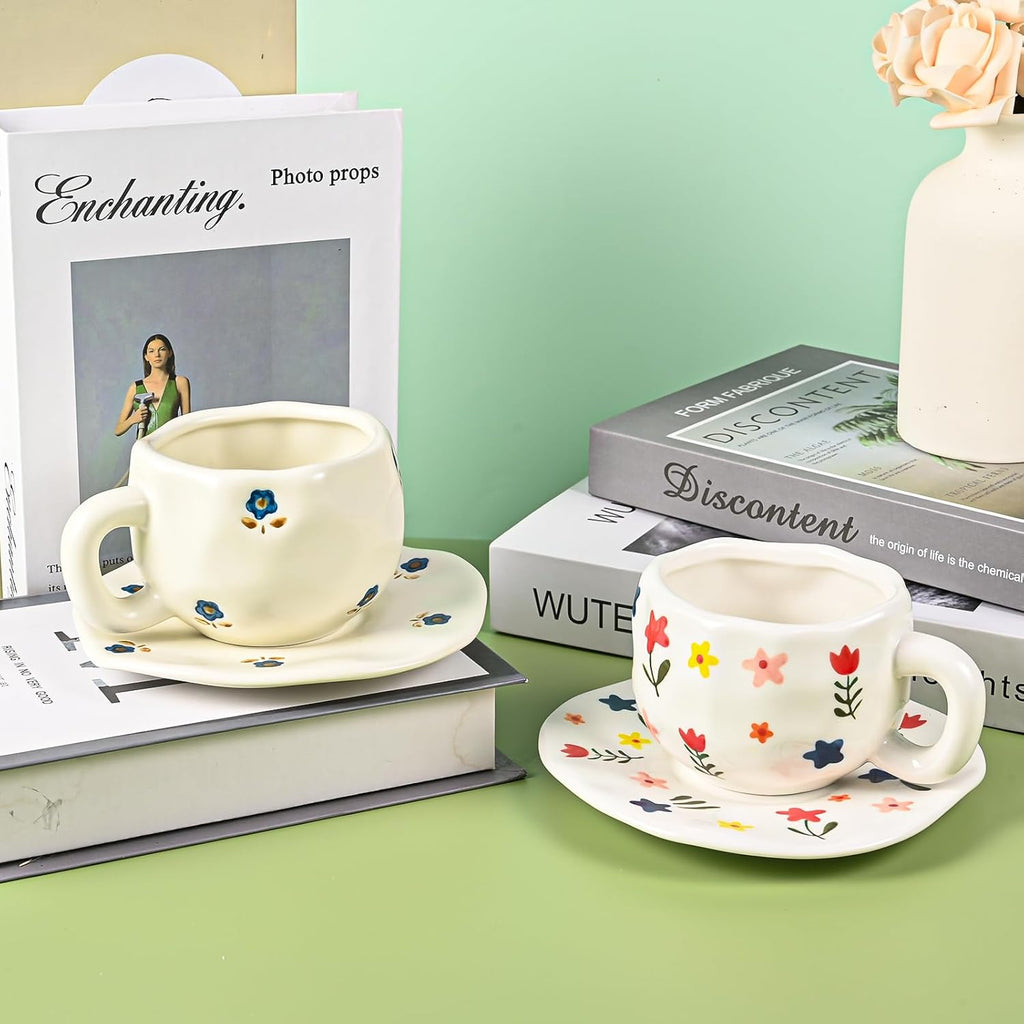 Ceramic Coffee Mug Vintage Flower Mugs 8 oz Cute Floral Coffee Mugs Irregular Latte Art Cup Lead-free Porcelain Cups for Cappuccino, Cocoa (Blue and Pink Mug with Saucers)