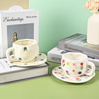 Ceramic Coffee Mug Vintage Flower Mugs 8 oz Cute Floral Coffee Mugs Irregular Latte Art Cup Lead-free Porcelain Cups for Cappuccino, Cocoa (Blue and Pink Mug with Saucers)