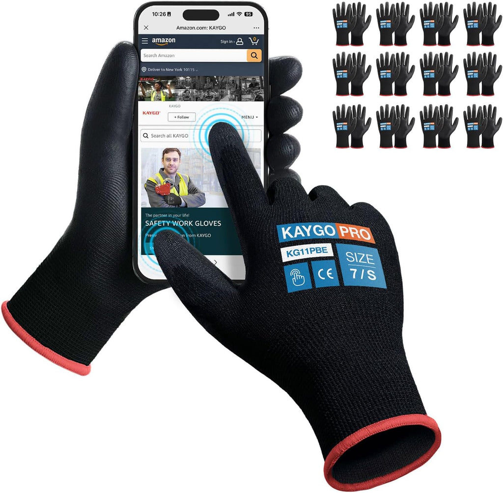 KAYGO Safety Work Gloves PU Coated for Men and Women, 12 Pairs KG11PB, Seamless Knit Glove with Two Fingers Touchscreen, breathable and lightweight Ideal for General Duty Work (Small,Black)