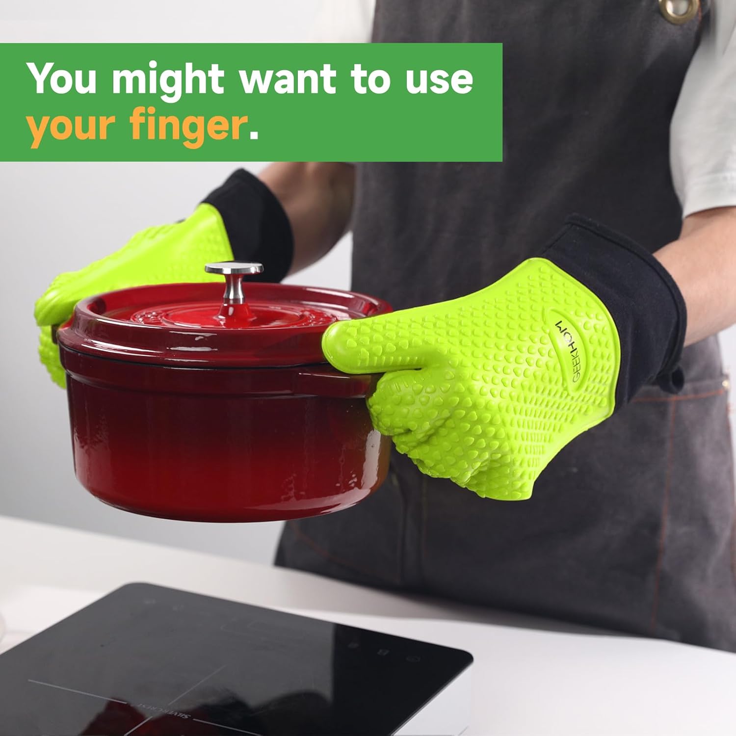 GEEKHOM BBQ Gloves Heat Resistant Oven Mitts - Silicone Grilling Gloves with 13.7" Arm Protection - Waterproof Pot Holder Non-Slip for Men & Women, Kitchen Outdoor Cooking, Baking, Camping, Green