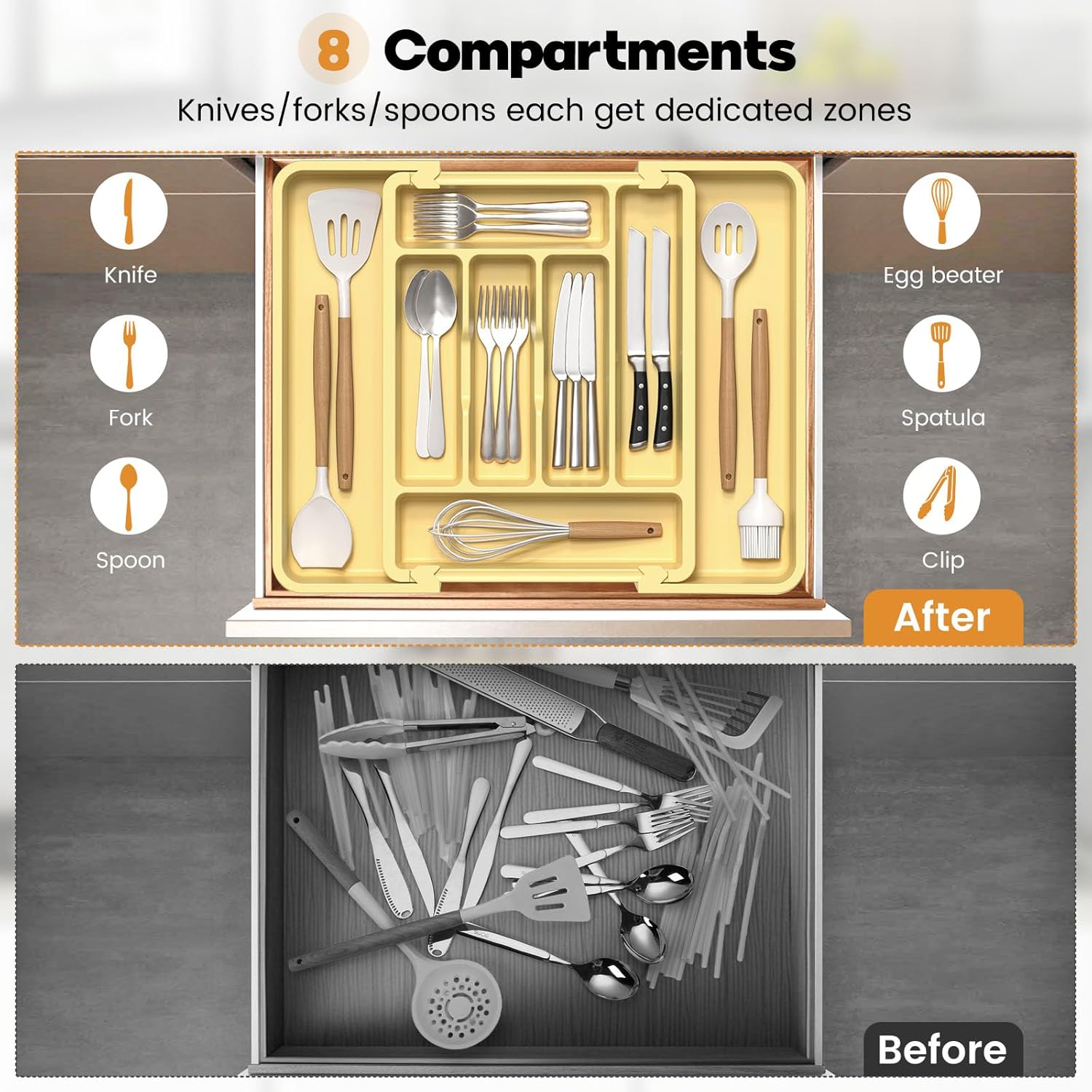 Caperci Large Silverware Organizer for Kitchen Drawer & Utensils - Expandable Drawer Organizer for Cutlery, Flatware & Gadget, BPA-Free Thick Plastic, Wider Compartments & Non-skid Feet (Desert Sand)