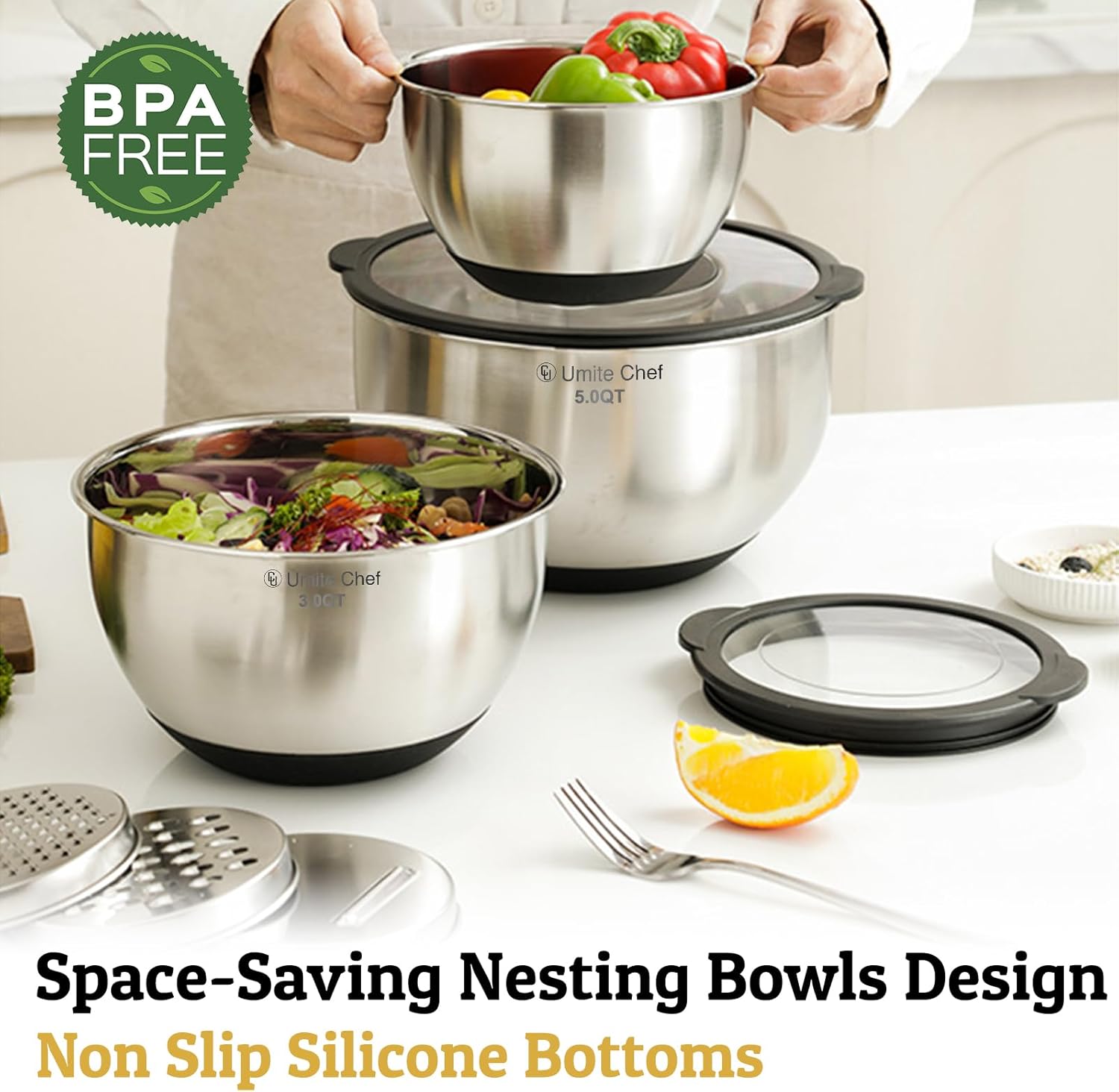 Mixing Bowls with Lids Set - Non-Slip, Airtight Warp-Proof TPR-AS Lids, Thicker Stainless Steel Bowls, Measurement Lines & 3 Graters, Prep Meal Bowl, Black Nesting Bowl for Kitchen, 5/3/2/1.5/0.63QT