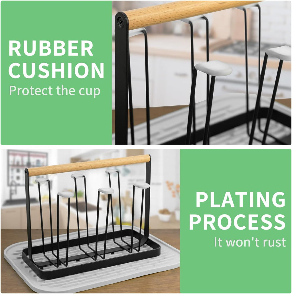 Cup Drying Rack Stand,Beer Glasses Rack 6 Cup Metal Drainer Holder Rack Non-Slip Mugs Cups Organizer with Wood Handle, Black