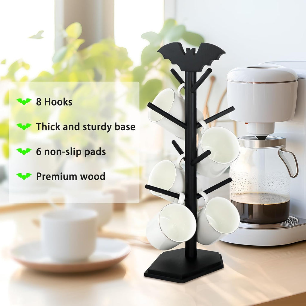 Bat Mug Holder Tree - 8 Hooks Coffee Mug Rack - Gothic Home Decor Wood Coffee Mug Tree for Countertop - Coffee Cup Holder for Halloween Kitchen Organizer & Coffee Bar Accessories, Black
