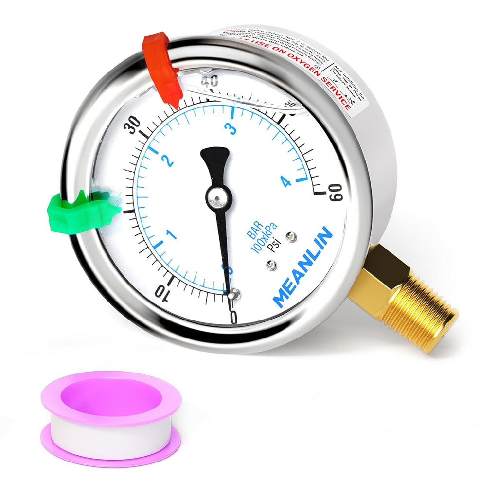 MEANLIN MEASURE 0~60Psi Liquid Filled Pressure Gauge 1/4" NPT 2.5" FACE DIAL Stainless Steel Glycerin Filled WOG Water Oil Air Lower Mount (with 2PCS Snaps)