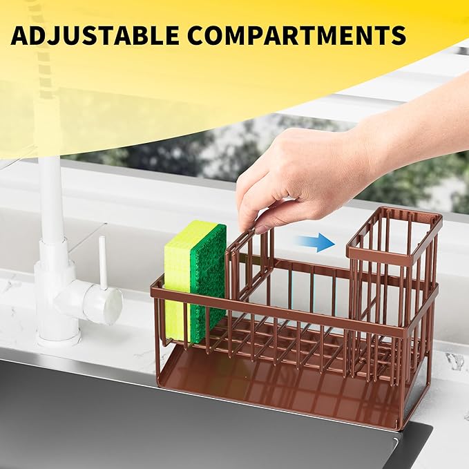 Cisily Kitchen Sink Caddy, Sponge Holder for Kitchen Sink, Kitchen Sink Organzier and Storage with High Brush Holder, Rustproof 304 Stainless Kitchen Gadgets Sink Accessories(Brown)