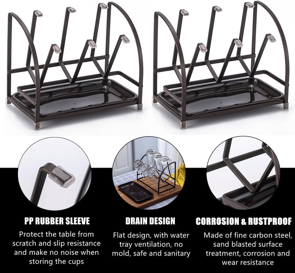 RHBLME 2 Packs Glass Drying Rack, Vertical Bottle Drying Rack Glass Bottle Holder with Drain Tray, Silicone Protective Hooks, Carbon Steel Non Slip Cup Mug Organizer for Glass Coffee Mug Countertop