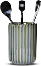 Ceramic Spoon Holder for Coffee Bar, Upright Tea Spoon Holder Cup, Coffee Stirrers Straws Stir Stick Holder, Light Green Fluted Surface