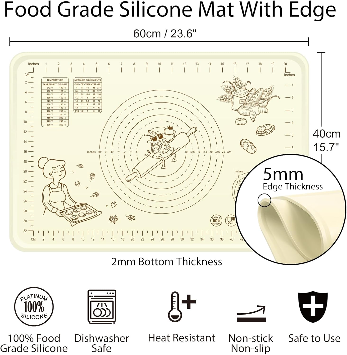 Silicone Baking Mat 24" x 16", Extra Thick Silicone Pastry Mat with Measurements and Edge Heightening, Non-stick Food Grade Dough Rolling Matfor for Pastry, Bread, Cookies, Pizza, Fondant, Pasta