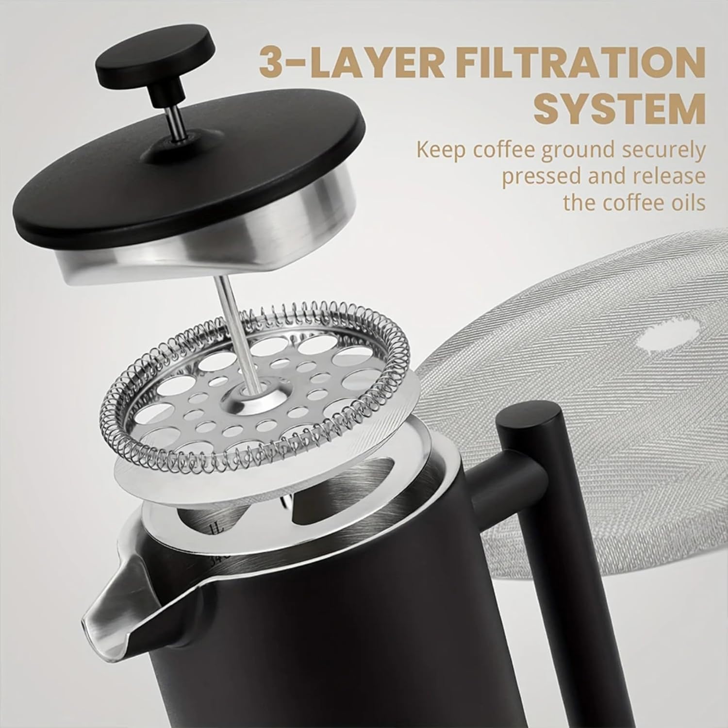 French Press Coffee Maker,Stainless Steel Double Wall Insulated Coffee Press 34 oz,4-8 Cups, Portable Hot Cold Brew Teapot Cafetera for Coffee Bar Accessories Kitchen Camping (Black,34oz)