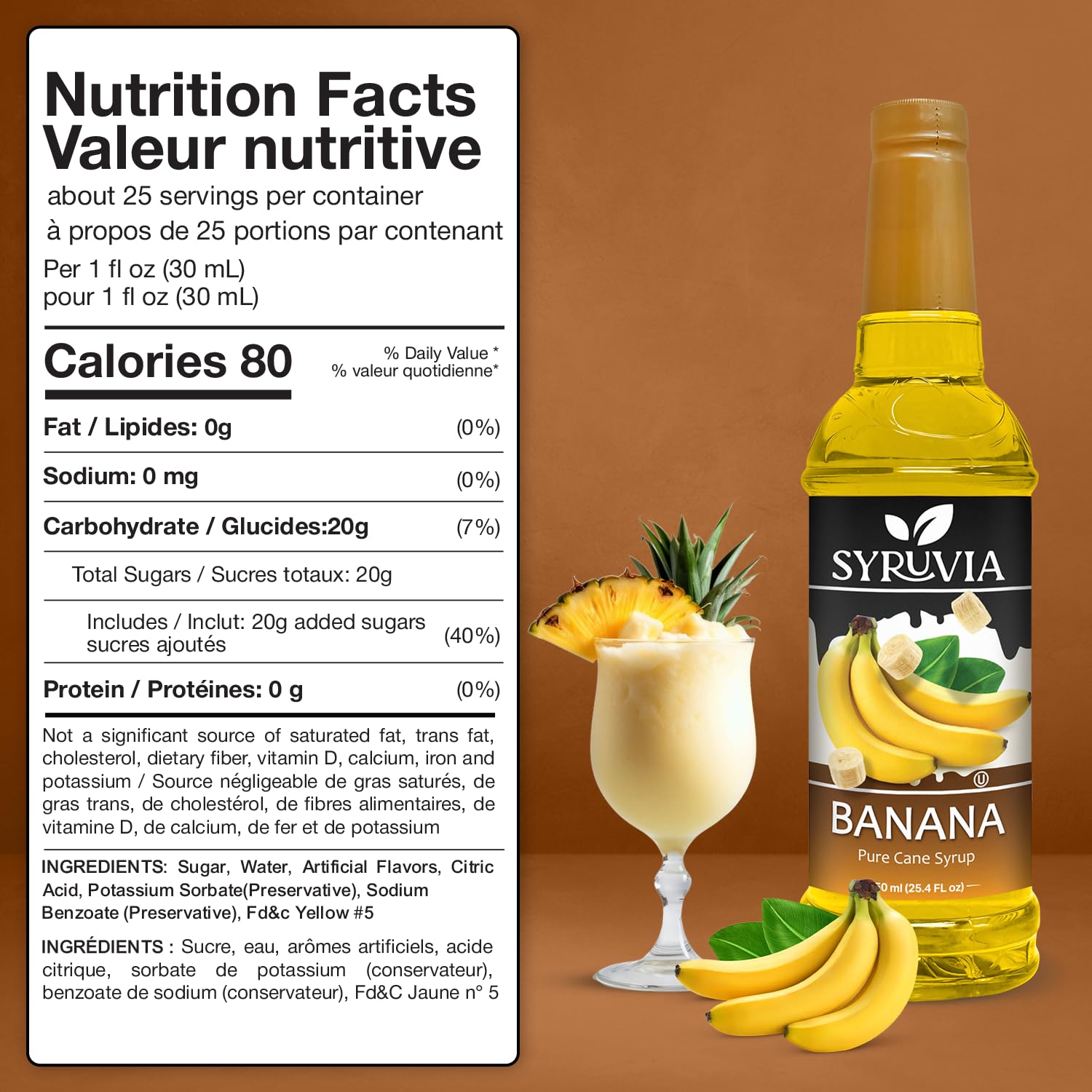 Syruvia Banana Flavored Syrup - 25.4 fl oz - Kosher Flavored Syrups, Gluten Free, No Coloring, Perfect for Drinks, Soda, Shakes, Cocktails, Desserts, and More.