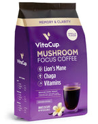 VitaCup Focus Mushroom Coffee Grounds, Vanilla Flavored Coffee with Lions Mane, Chaga, B Vitamins, D3, Boost Focus, Immunity, Memory & Clarity, Medium Dark Roast, 100% Arabica Specialty, 10oz