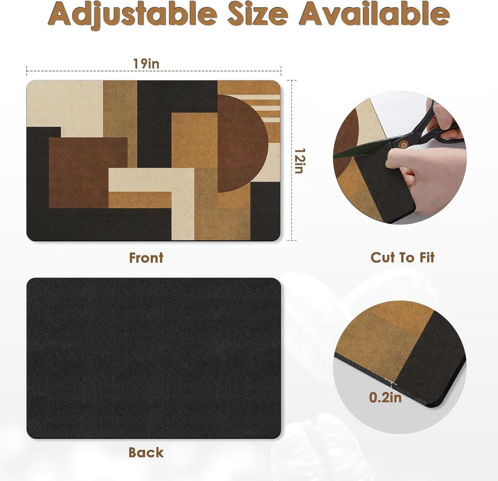 Arttown Coffee Mat for Countertops, Retro Ethnic Geometric Modern Black Brown Dish Drying Mat 2 Pcs for Kitchen Bar Accessories, Coffee Maker Espresso Machine Dish Rack Hide Stain Rubber 12x19in