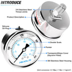 MEANLIN MEASURE 0~400Psi Liquid Filled Pressure Gauge Stainless Steel with 316 Stainless Steel Joint 1/4" NPT 2.5" FACE DIAL for Air Compressor Air Regulator Water Filter Center Back Mount