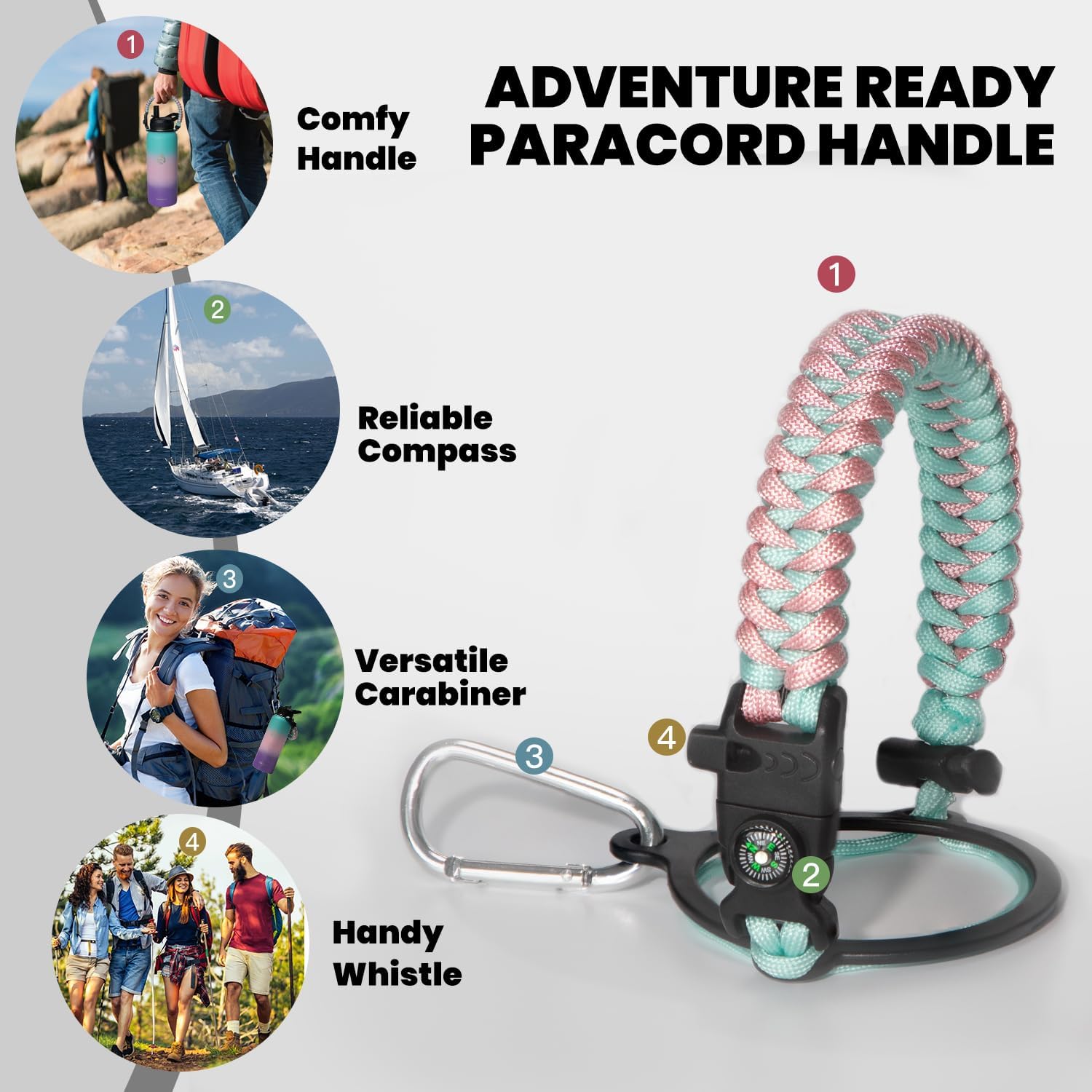 Insulated Water Bottle 32 oz, Triple Wall Vacuum Stainless Steel (Cold for 48 Hrs), Leak Proof & Non-BPA, Modern Water Flask Jug with Paracord Handle & Straw Spout Lids, Hydrangea