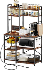 Standing Kitchen Baker’s Rack, Bakers Rack with Power Outlet, 6-Tier Microwave Stand, Coffee Bar with 12 S-Shaped Hooks, Kitchen Shelf with Storage, Coffee Bar Station, for Rustic Brown