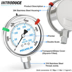 MEANLIN MEASURE 0~5000Psi Liquid Filled Pressure Gauge Stainless Steel 2.5" FACE DIAL 1/4" NPT 316 Stainless Steel Joint for WOG Water Oil Air Lower Mount, with 2PCS Snaps