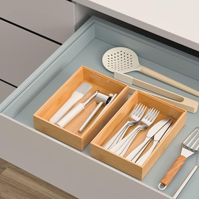 Silverware Tray for Drawer, Stackable Kitchen Bamboo Drawer Organizer 9" x 6" x 2" Set of 2