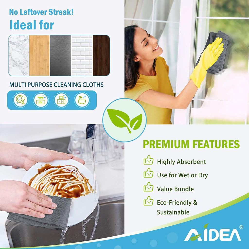 AIDEA Microfiber Cleaning Cloth Grey 8PK, Microfiber Towels for Cars, Premium Car Cloths, Dusting Cloth Lint Free Cleaning Rags for SUVs, House, Kitchen, Window, Workshops,11.5×11.5"