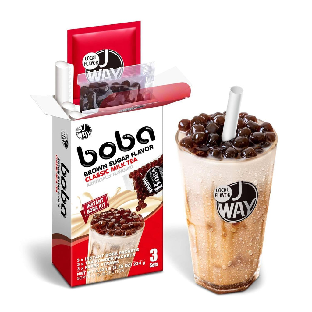 J WAY Instant Boba Bubble Pearl Milk Tea Kit with Authentic Brown Sugar Tapioca Boba, Ready in Under One Minute, Paper Straws Included - 3 Servings