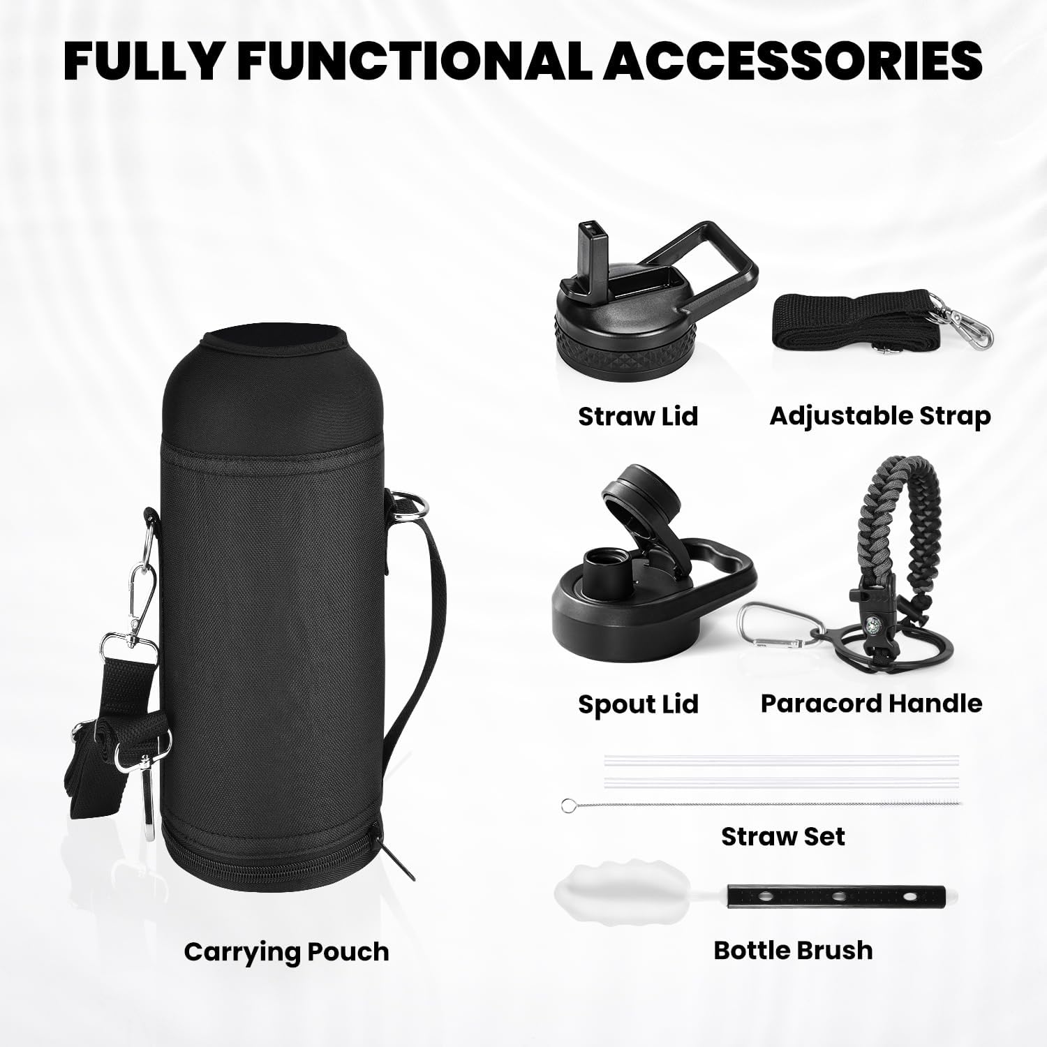 Insulated Water Bottle 40 oz, Triple Wall Vacuum Stainless Steel (Cold for 48 Hrs), Leak Proof & Non-BPA, Modern Water Flask Jug with Paracord Handle & Straw Spout Lids, Dark Grey