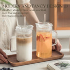 KEMORELA 2PCS Glass Tumbler with Lid and Straw - 24oz Ribbed Drinking Cups with Straw & Lid, Iced Coffee Cups - Reusable Glass Tumblers for Tea, Juice, Bubble Tea