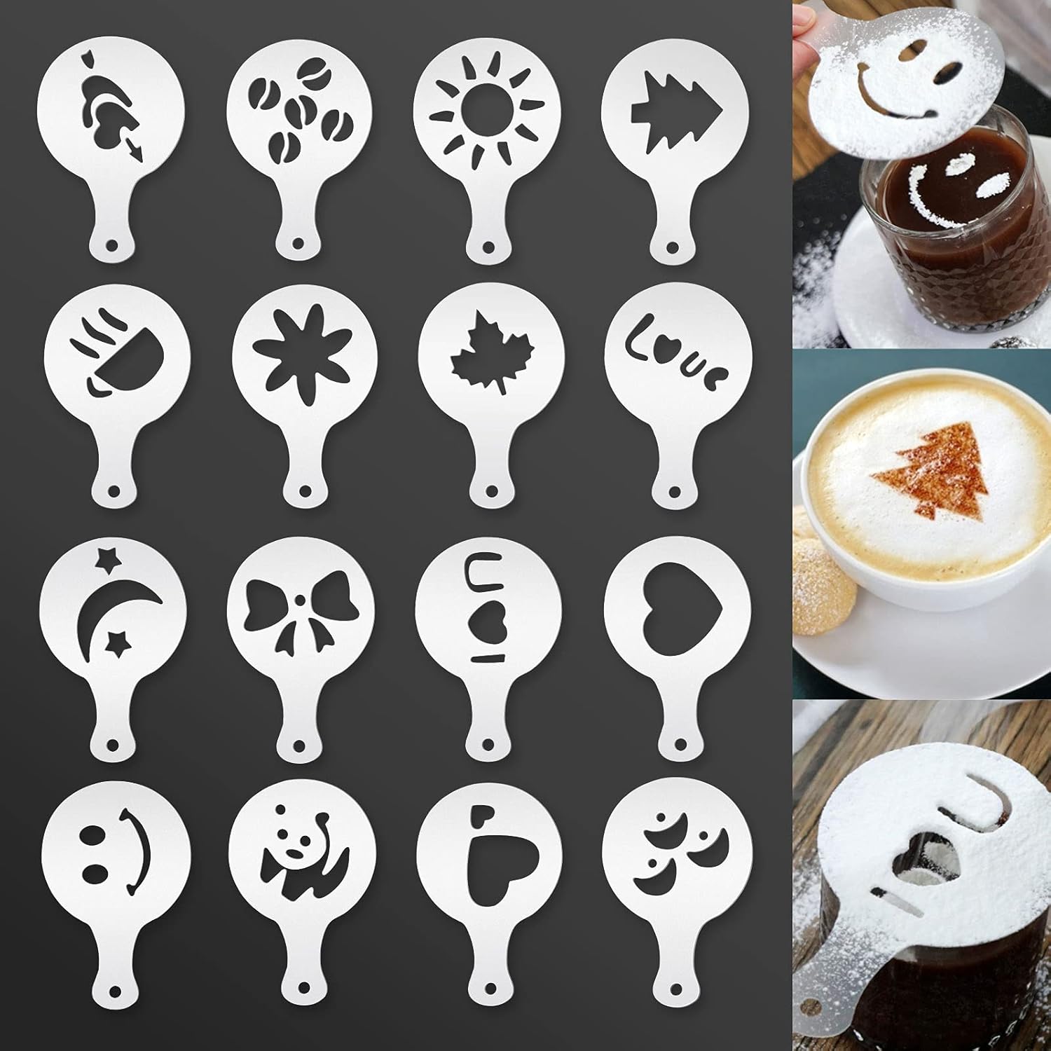 Stainless Steel Milk Frothing Pitcher 20oz/600ml for Milk Cappuccino Coffee Stencils Latte Art, Milk Jug Cup with Decorating Art Pen, Powder Shaker, 16 Pieces Coffee Decorating Stencils