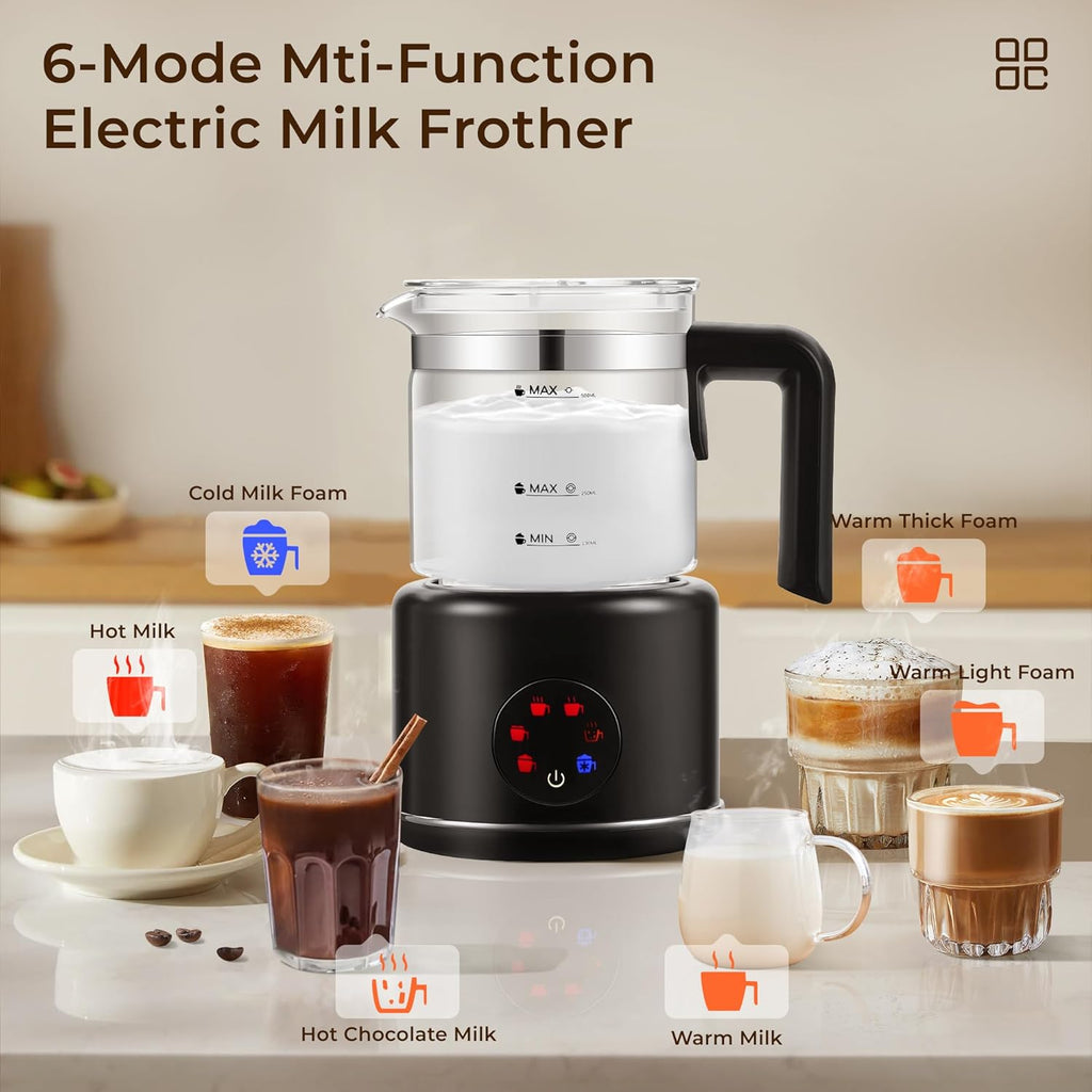 Electric Milk Frother, 6 in 1 Milk Steamer,17oz Automatic Warm and Cold Foam Maker for Coffee,Latte, Cappuccino, Macchiato, Hot Chocolate (Black)