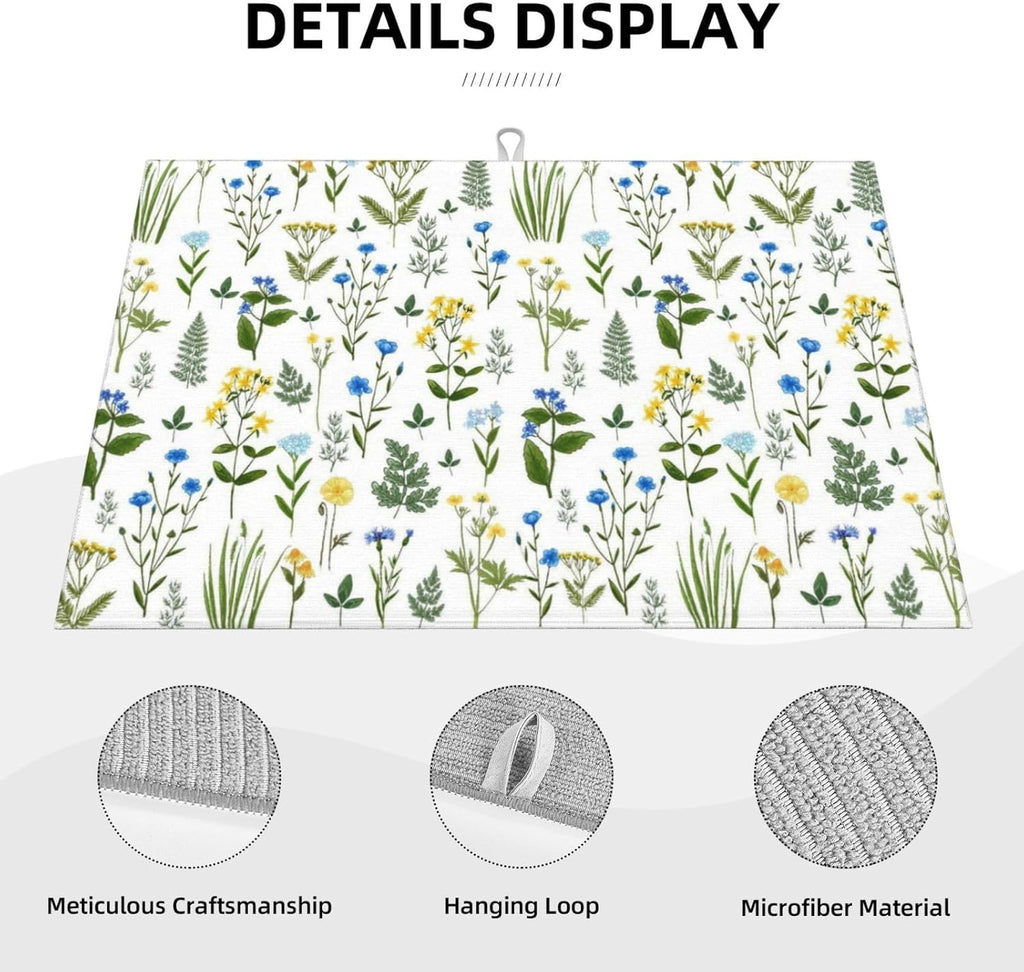Blue Yellow Wildflower Dish Drying Mats for Kitchen Counter, Vintage Botanic Fern Leaves Floral Kitchen Drainer Pad, 18" x 24" Absorbent Microfiber Washable Reusable Dish Draining Mats, Home Decor