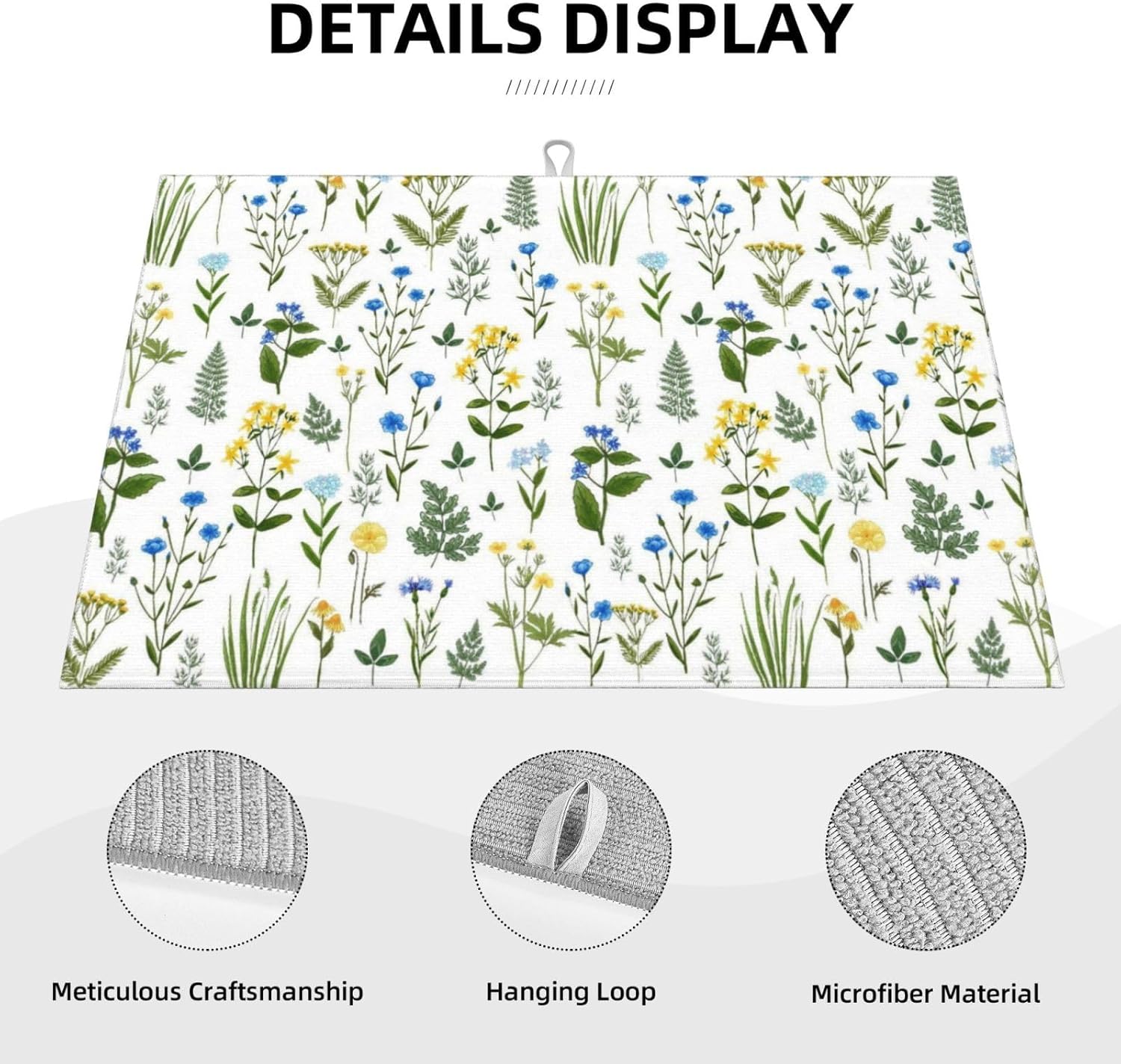 Blue Yellow Wildflower Dish Drying Mats for Kitchen Counter, Vintage Botanic Fern Leaves Floral Kitchen Drainer Pad, 18" x 24" Absorbent Microfiber Washable Reusable Dish Draining Mats, Home Decor