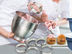 NewlineNY Stainless Steel French Pastry Tart Ring Baking Kit - 6 Perforated Round Dessert Rings + 3 Nozzles + 1 Sample Decorating Piping bag Kit