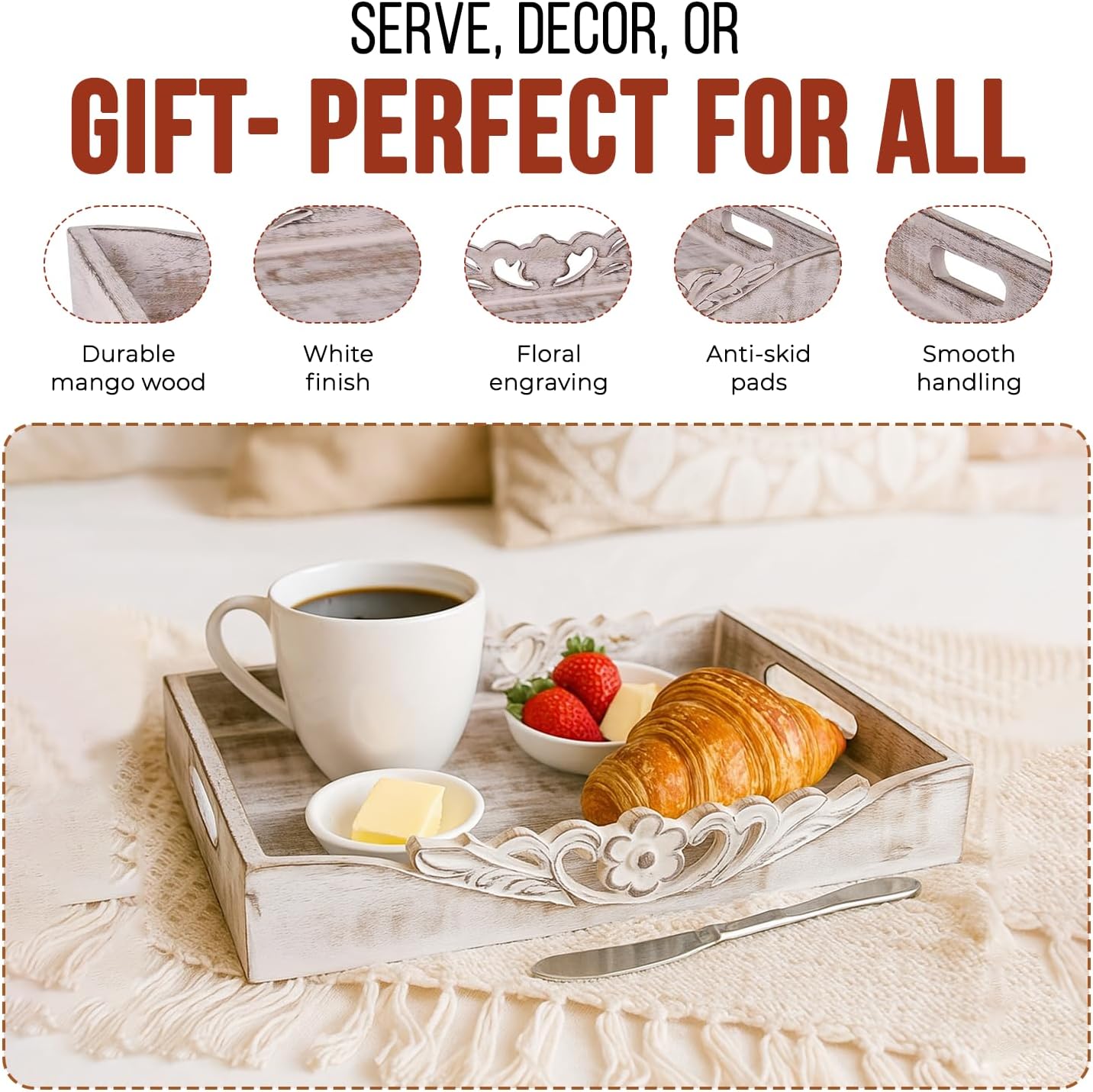 Mela Artisans Distressed White Wooden Decorative Tray with Handles | 16x12x2.5 Mango Wood Ottoman Tray | for Kitchen Countertop | Coffee Table | Snacks | Desserts | Breads | Bedroom Decor