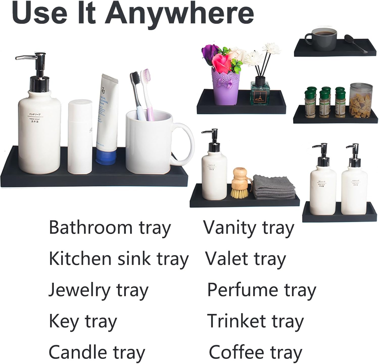 DNC Bathroom Vanity Tray for Counter, 2PC (7.9" +11.8") Silicone Kitchen Sink Soap Tray for Countertop Dish Holder Dispenser Toilet Tank Desk Organizer Black