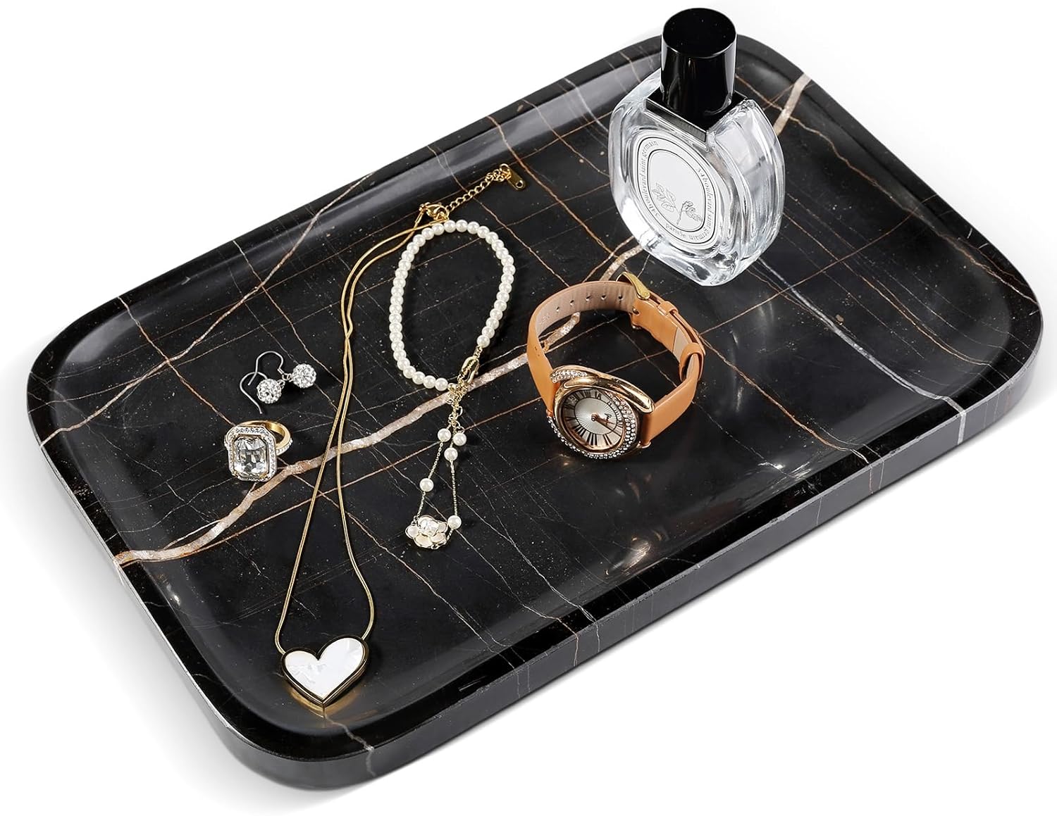 Koville Marble Tray, 12"x8" Marble Vanity Tray for Bathroom Kitchen Countertop, Rectangular Stone Tray for Cosmetics Perfume Trinket, Decorative Catchall Trays (Black)