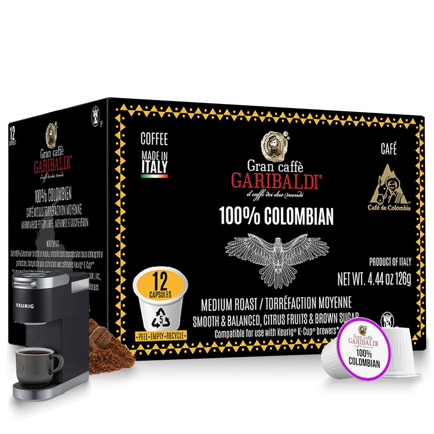 Caffè Garibaldi Colombian Coffee Pods, for Keurig K-Cup Brewers, Single Serve Cups with 100% Arabica Blend for Coffee Makers, 12 Count Recyclable Pods - Medium Roast