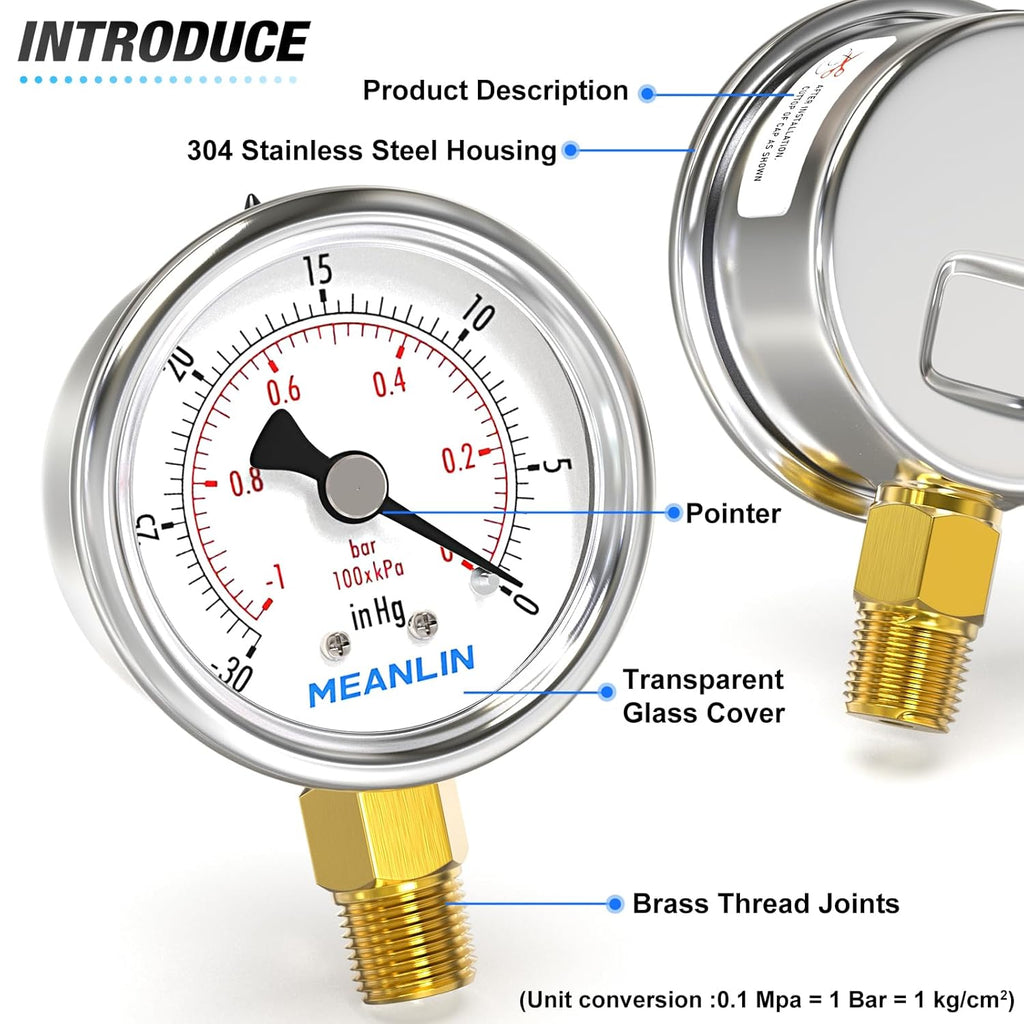 MEANLIN MEASURE -30inHG~0Psi Vacuum Gauge Stainless Steel 1/4" NPT 2" FACE DIAL Waterproof for Air Compressor HVAC Negative Pressure Hand Pump Pool Lower Mount, with 1/2" NPT and 3/8" NPT Hex Bushing