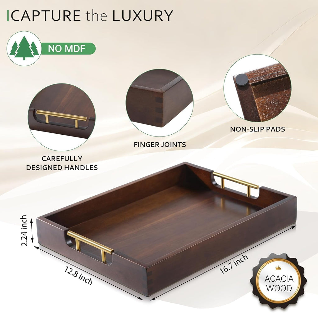 Joy&Grace Acacia Wooden Serving Tray with Metal Handles 16.7 x 12.8 inch Decorative Ottoman Tray for Living Room Coffee Table Large (Color Brown)