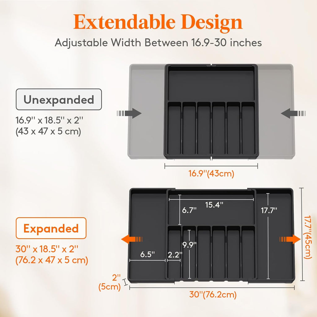 Lifewit Silverware Drawer Organizer, Expandable from 16.9 to 30 inches, Large Utensil Tray for Kitchen, Adjustable Cutlery Holder, Plastic Flatware Storage for Spoons Forks Knives, Black