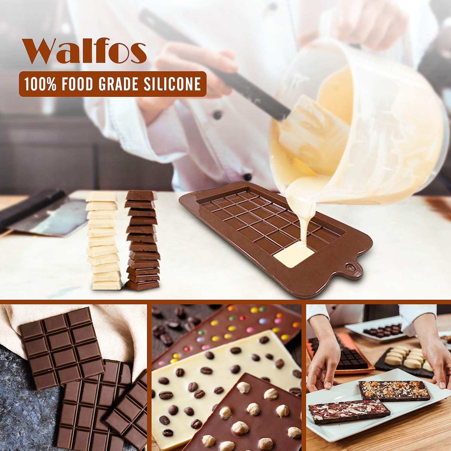 Walfos Break-Apart Chocolate Molds, Non-Stick Silicone Chocolate Bar Mold, Food Grade Candy Bar Mold, Perfect for Energy Bar, Cocoa Mini Bar, Basic Bites, 2 Pack