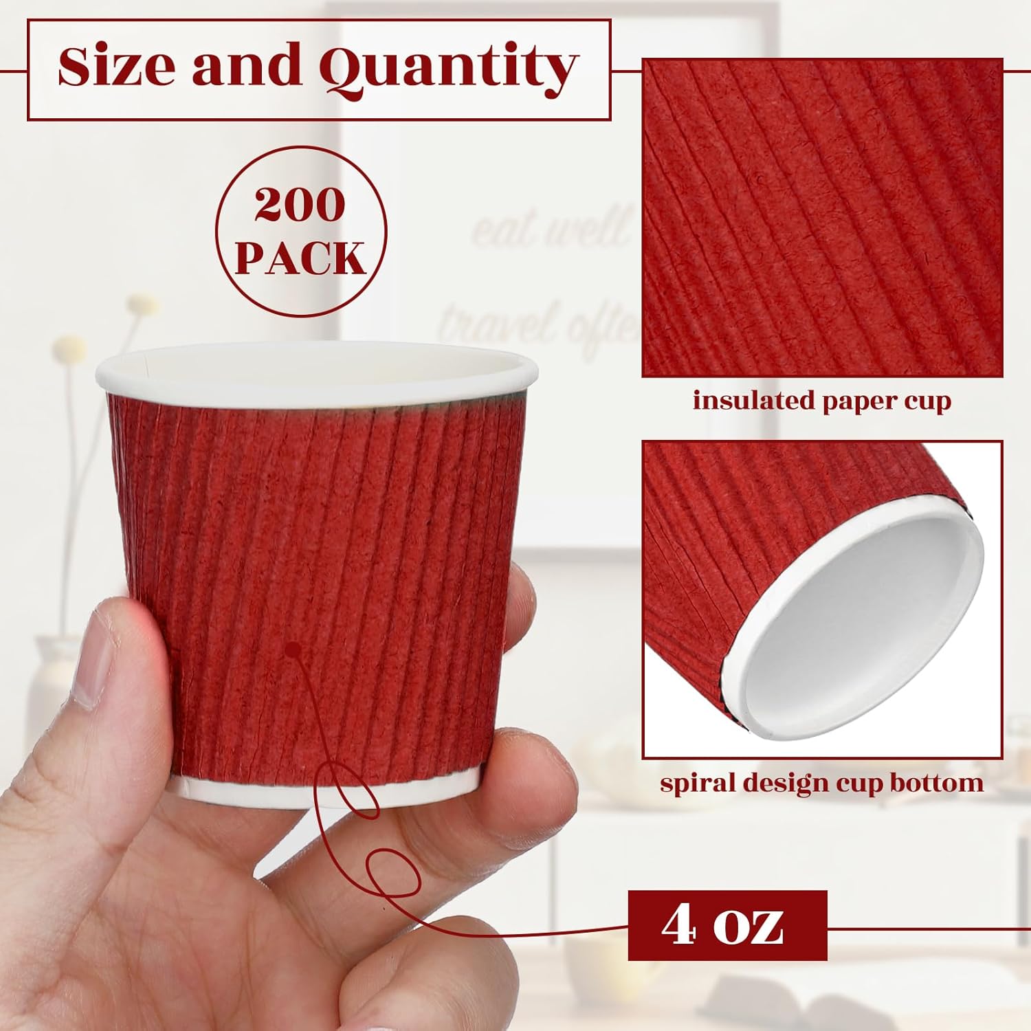Yaomiao 200 Pcs 4 oz Disposable Espresso Coffee Cups Ripple Corrugated Paper Insulated Hot Cups for Party Cold Drinks Hot Beverage Tea(Red)