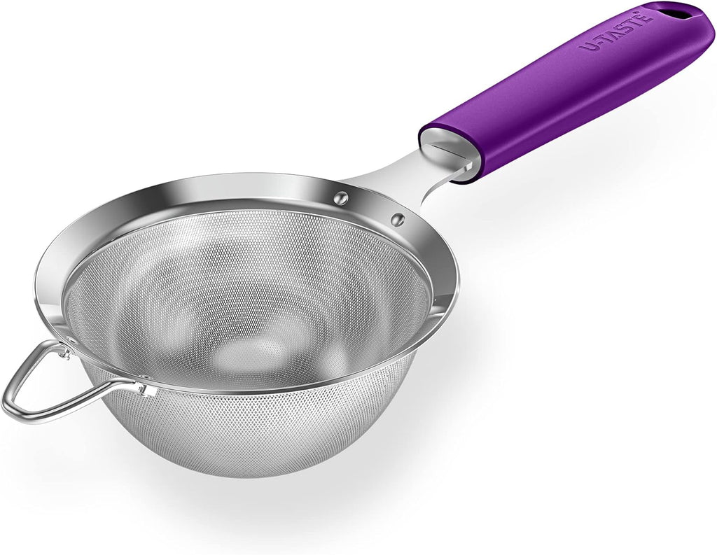 18/8 Stainless Steel Mesh Strainer: U-Taste 3.9 Inch Kitchen Fine Mesh Sieve Food Colander with Riveted Sturdy Silicone Handle and 30 Mesh Hole for Straining Flour, Quinoa, Tea, Juice (Purple)