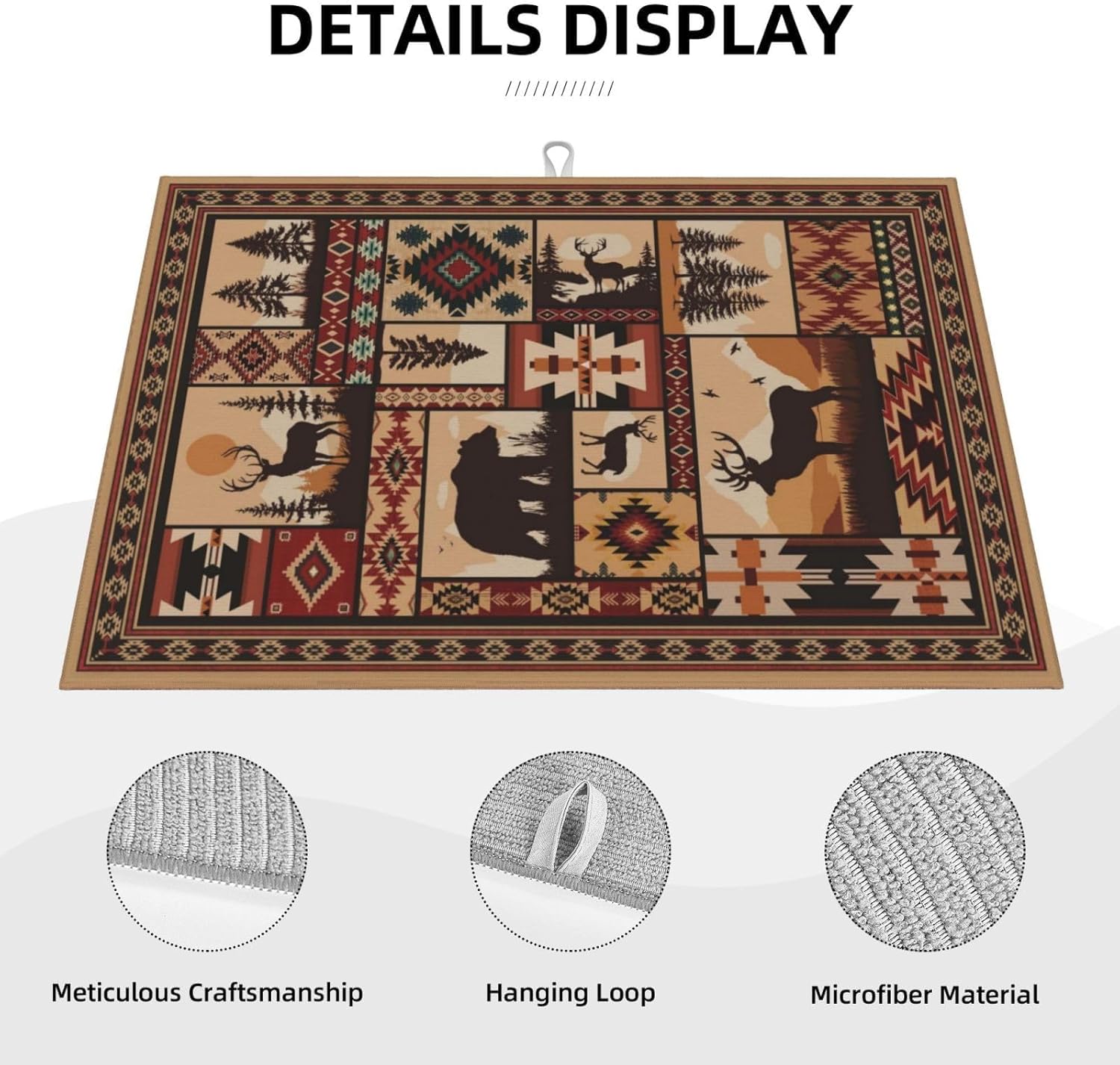 Western Wildlife Geometric Dish Drying Mat for Kitchen Counter, Absorbent Microfiber Washable Drying Pad for Dishes, Absorption, Foldable, Decorative Rustic Kitchen Mat for Sink, Home Decor, 18" x 24"