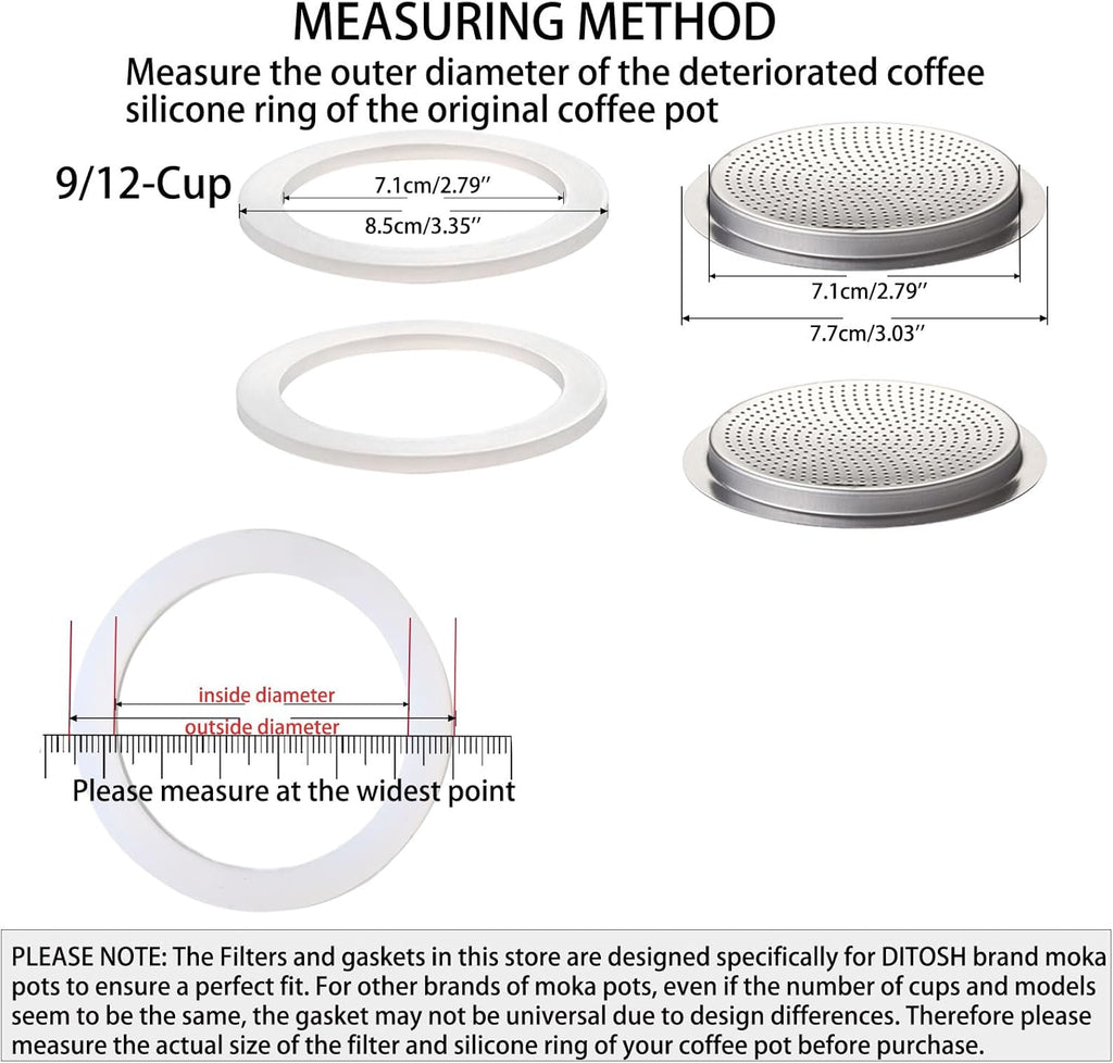 2 Pcs Filter with 3 Pcs Silicone Gasket Seals for 9 Cup 12 Cup Stovetop Espresso Coffee Maker Replacement Parts for Big Tummy and Straight Stainless Steel Moka Pot