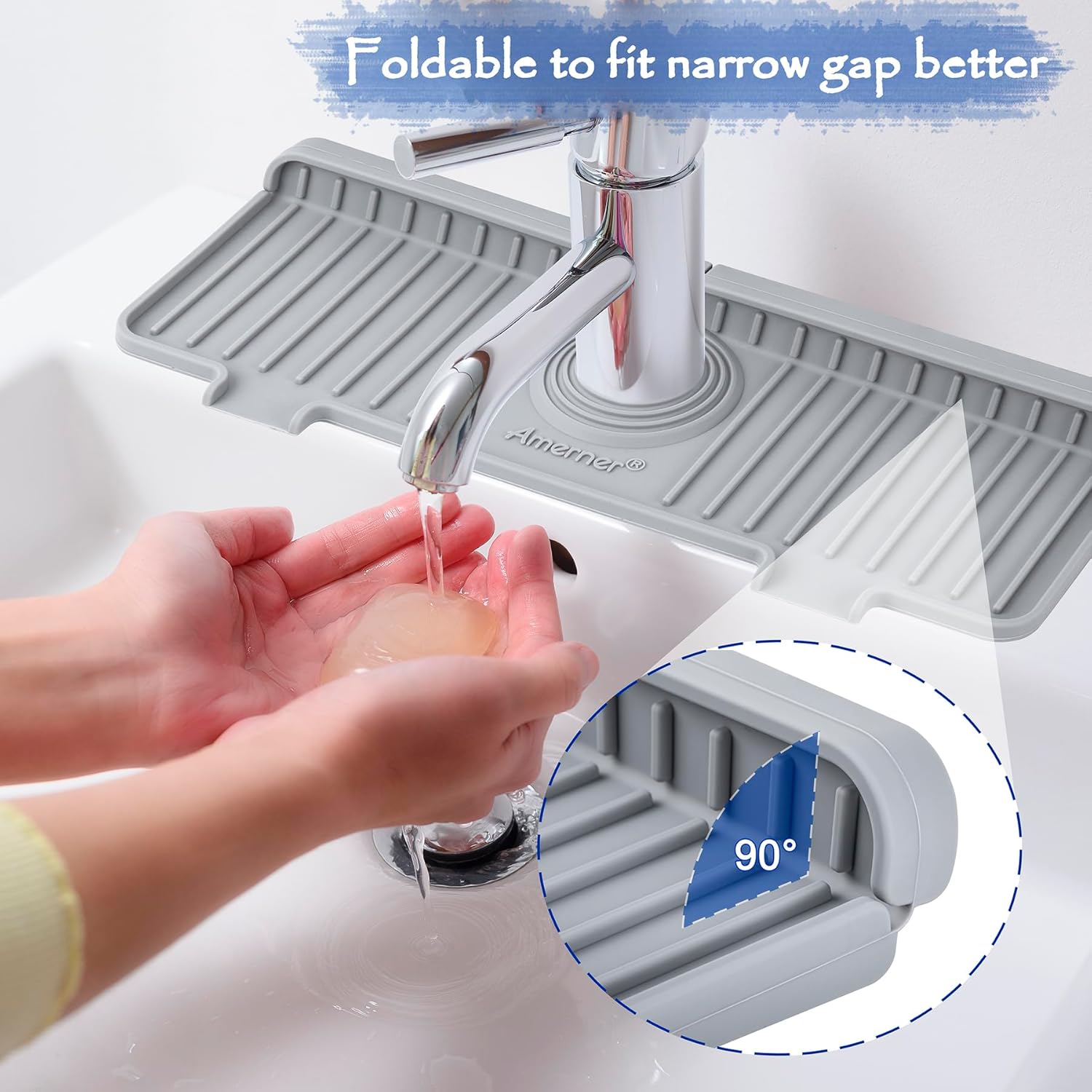 Kitchen Sink Splash Guard, Silicone Faucet Guard & Draining Mat, 10° Large Slope Sink Faucet Mat Splash Guard, Bathroom Sink Organizer, Kitchen Sink Accessories Gadgets, 14.2” x 5.1”, Gray