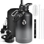 Insulated Water Bottle 64 oz, Triple Wall Vacuum Stainless Steel (Cold for 48 Hrs), Leak Proof & Non-BPA, Half Gallon Water Flask Jug with Paracord Handle & Straw Spout Lids, Dark Gray