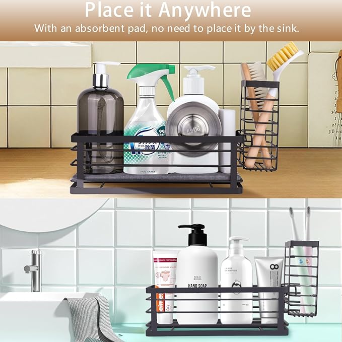 Kitchen Sink Caddy Organizer, 10.5" X 4.0" X 3.6" Sink Sponge Holder for Kitchen with Instant Drying Stone and Dish Brush Holder, Bathroom Organizer for Sponges, Scrubbers, Soap