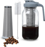 Cold Brew Coffee Maker Pitcher 64-ounce Glass Wide Mouth Mason Jar with Stainless Steel Filter and Pour Spout Handle Lid (Grey, 64Ounce)