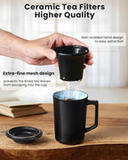 15 OZ Porcelain Tea Infuser Cup with Lid,Ceramic Tea Mug with All-Porcelain Strainers for Loose Leaf Teas,Microwave and Dishwasher Safe Coffee Mug,Metal-Free,BPA-Free,Gifts for Tea-Lover (Black)